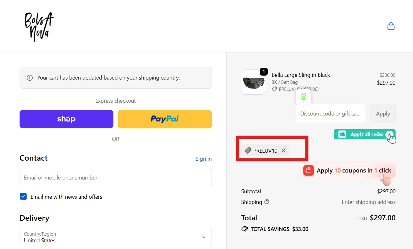 Bolsa Nova Handbags verified coupon code PRELUV10